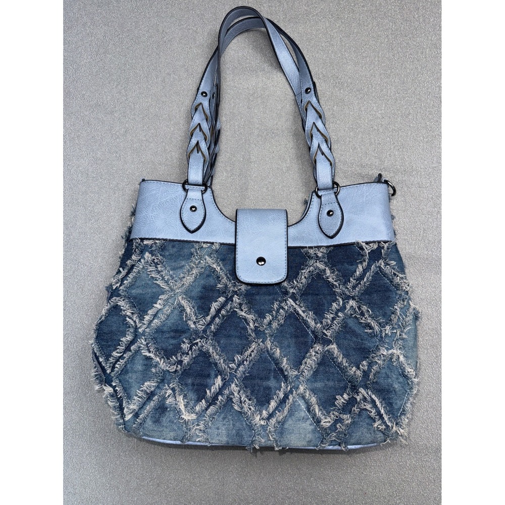 Sam & Hadley Y2K Denim Patchwork Tote Bag Frayed Blue Shoulder Purse Boho